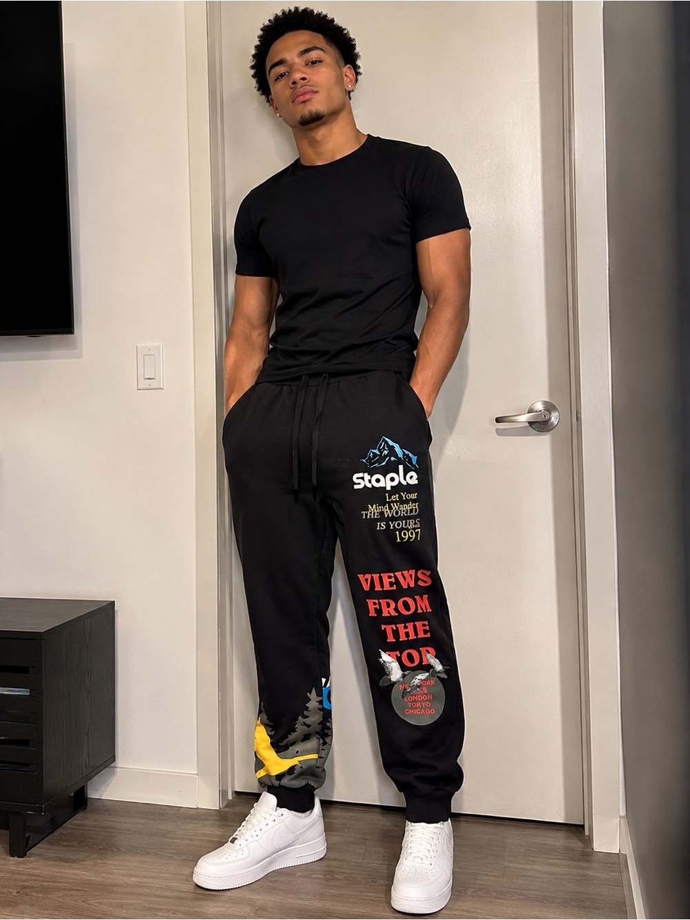 NWT Staple brand, thick joggers with embroidery and graphics. Size Medium